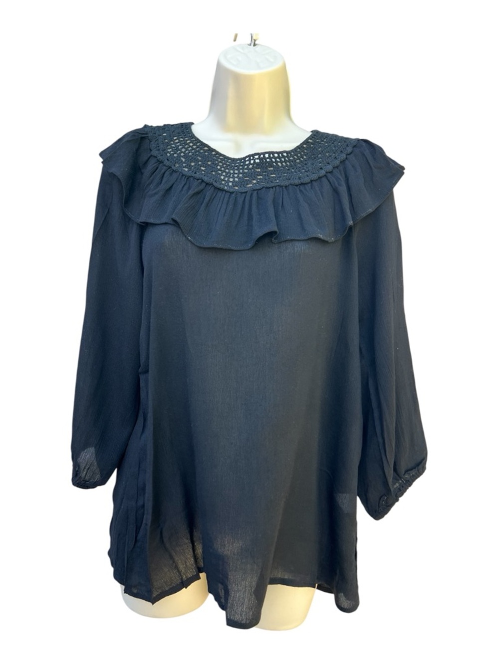Hayden Los Angeles Women's Small Black Ruffle Neck Crochet Trim Rayon Blouse NWT